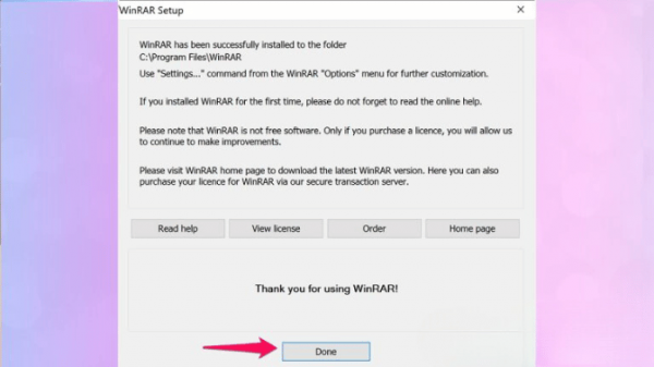 Cho tới khi màn hình xuất hiện thông báo “Thank you for using WinRAR” thì bạn bấm vào Done để hoàn tất quá trình cài đặt phần mềm.