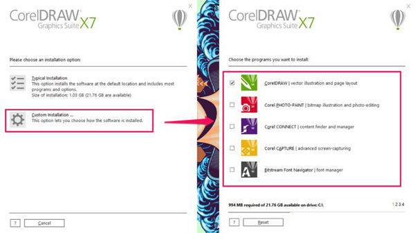 Tiếp theo một danh sách các công cụ sẽ hiện lên, bạn tick vào CorelDRAW X7 rồi bấm Next.