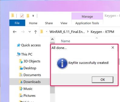 Sau khi bạn lưu xong thì màn hình sẽ xuất hiện thông báo “Keyfile successfully created” có nghĩa là bạn đã kích hoạt bản quyền vĩnh viễn thành công rồi.