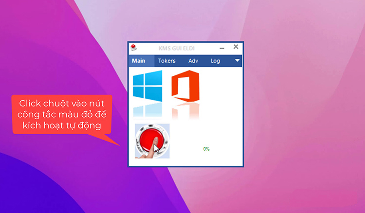 nhấn vào biểu tượng nút đỏ, khi đó phần mềm sẽ tự động kích hoạt Windows, Office trên thiết bị của bạn.