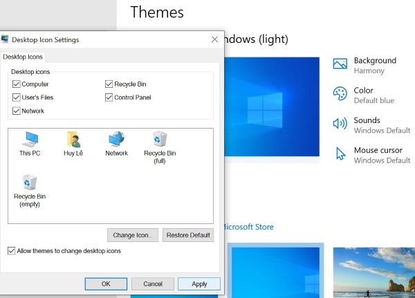 Personalize -> chọn tiếp vào Themes -> chọn vào Desktop icon Settings -> Bấm tích vào biểu tượng để hiện ra màn hình -> bấm chọn Apply -> cuối cùng là chọn Ok.